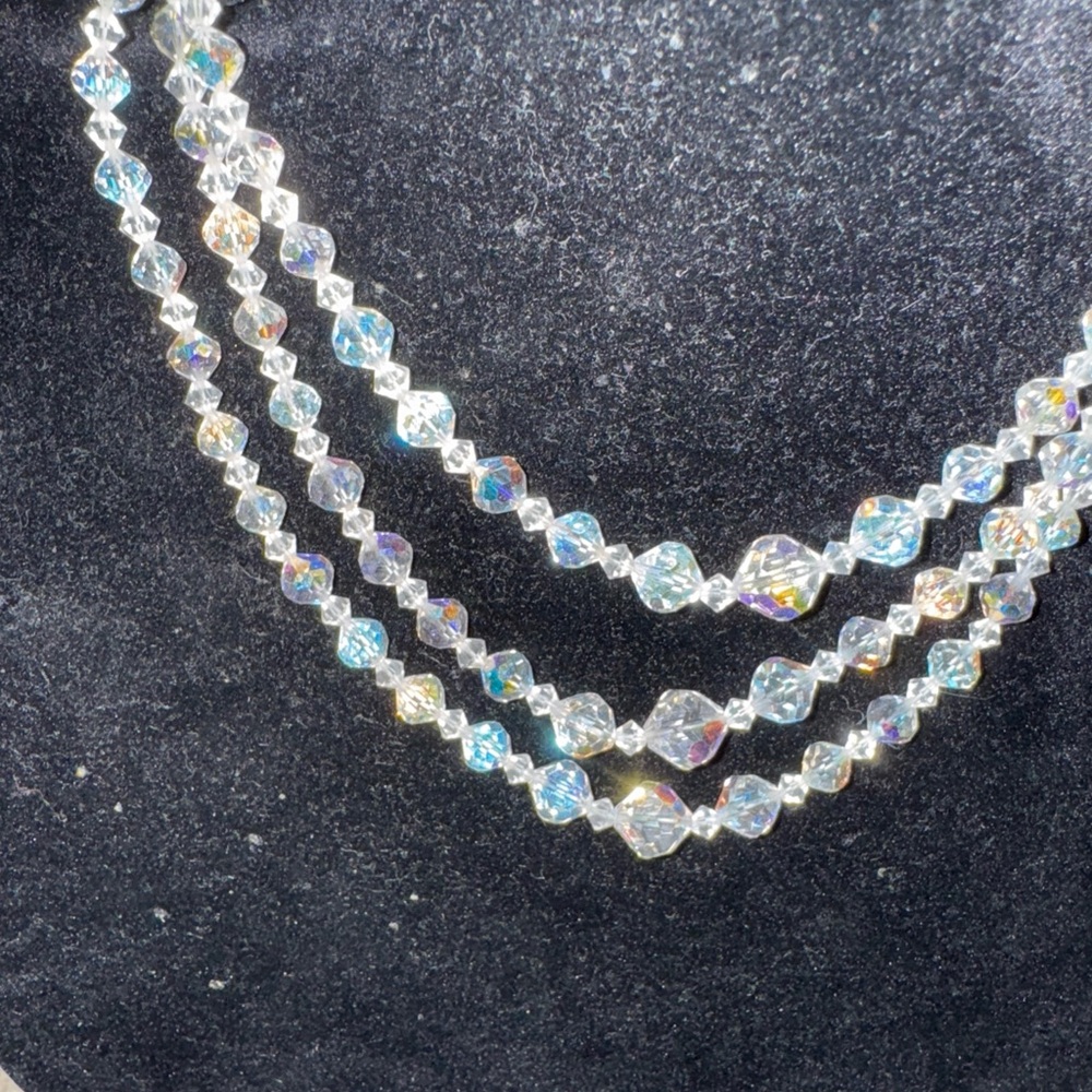 Vintage Crystal Necklace 3 Strands Clip On Earrings Aurora Borealis Set Art Deco - Picture 14 of 15